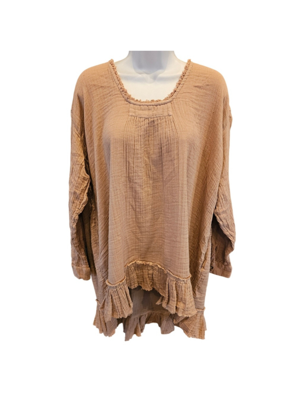 Free People Tan Gauze Frill Tunic Sweater Dress with Pockets Medium